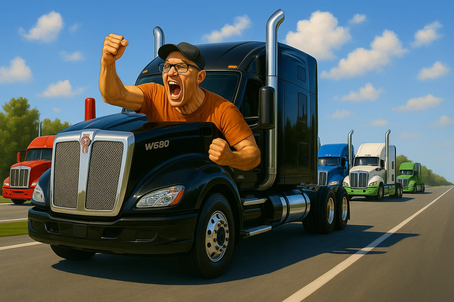 Enhance the image to be crisper and brighter, with vivid colors and sharp details. Make the highway scene with multiple semi trucks look more vibrant and clear, maintaining a realistic and detailed style. emoji