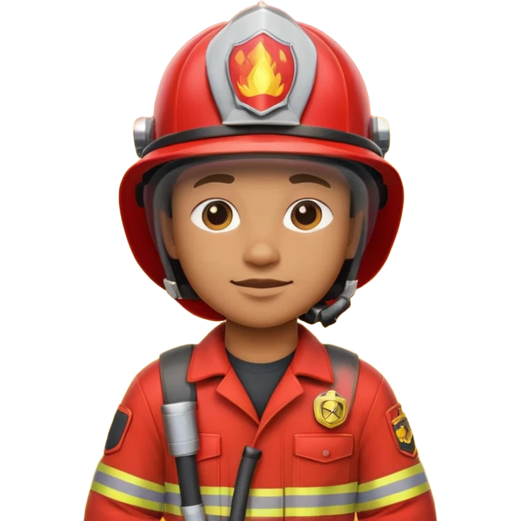 3D cartoon-style firefighter in the Apple emoji style, wearing a bright red fireproof uniform and matching helmet emoji