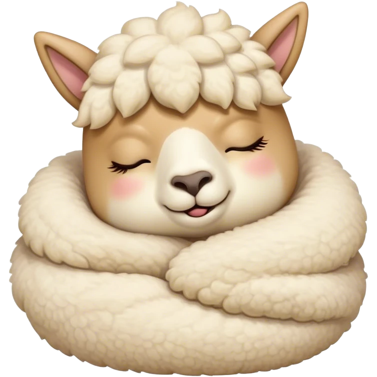 Meme-Worthy Cute Sleeping Cream Alpaca Portrait Emoji, Head resting peacefully with a contented smile, showcasing a delightfully robust build and a luxuriously soft cream fleece, eyes shut in a serene nap, Simplified yet hilariously adorable features, highly detailed, glowing with a soft, drowsy light, high shine, relaxed and utterly lovable, stylized with an air of playful laziness, bright and heartwarming, soft glowing outline, capturing the essence of a comically sleepy alpaca, so meme-worthy it feels like it could instantly become the next viral sensation of adorable slumber! emoji