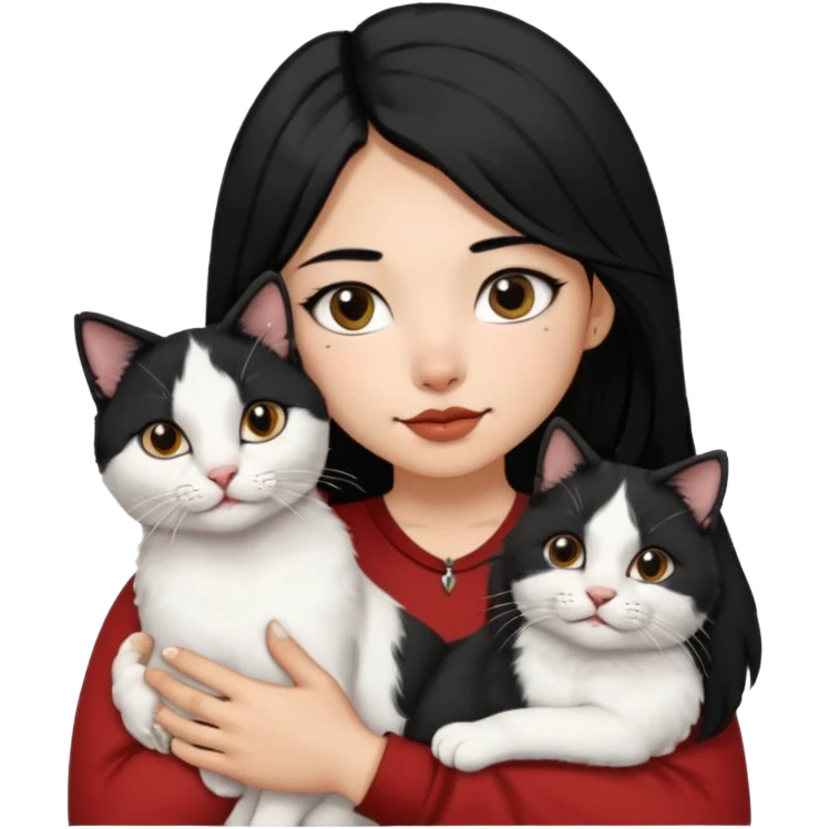 Mexican girl with shoulder length black hair & a septum ring holding a white & black haired Turkish Van male cat in her arms emoji