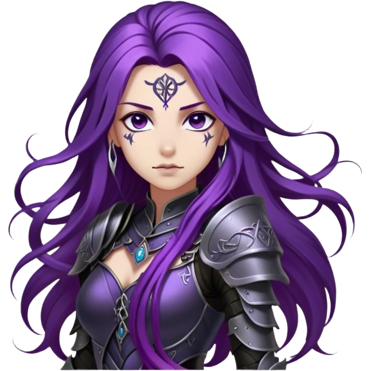 A mysterious warrior girl with long, flowing purple hair cascading down her back, strands catching the dim light like silk. Her piercing violet eyes glow. She wears sleek black armor, a perfect fusion of elegance and lethality, adorned with intricate silver engravings resembling ancient runes.  emoji