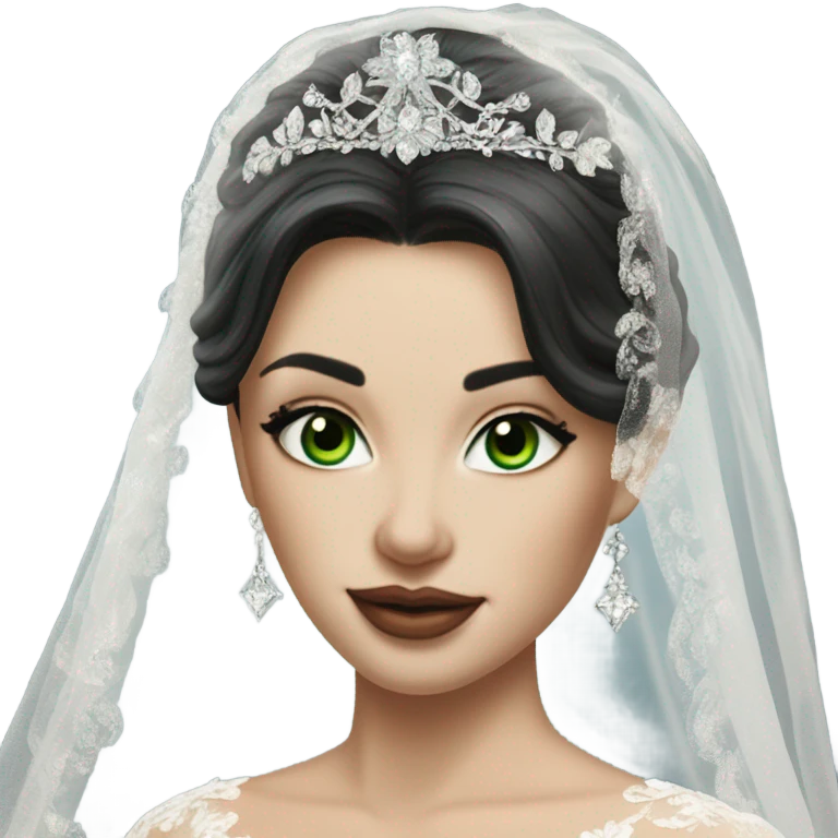 Hyper Realistic ornate ballgown long sleeve Wedding dress with diamanté on Russian bride with pale skin and green eyes and long black hair with veil and diamond jewelry hyper realistic  emoji