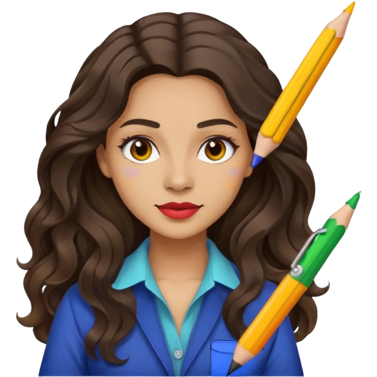 female dark wavy long hair graphic designer , color wheel, pens, papers emoji