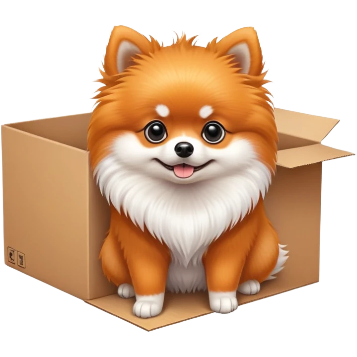  A very cute young pomeranian  with one's head tilted to one side poked its paws out of the cardboard big box and placed them on top of it emoji