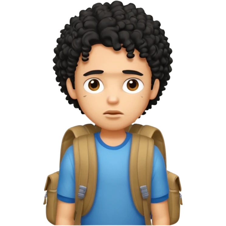 a pretty bratz guy with black curly hair wearing a backpack looking tired emoji