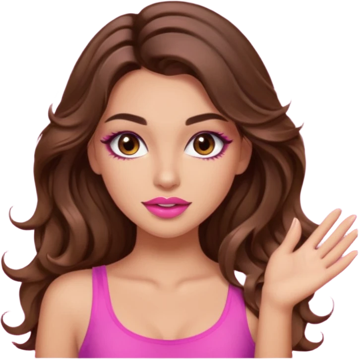girl with long wavy brown hair, brown eyes, long lashes makeup, sexy pink lips, light to medium complexion, pink sexy top,slapping emoji