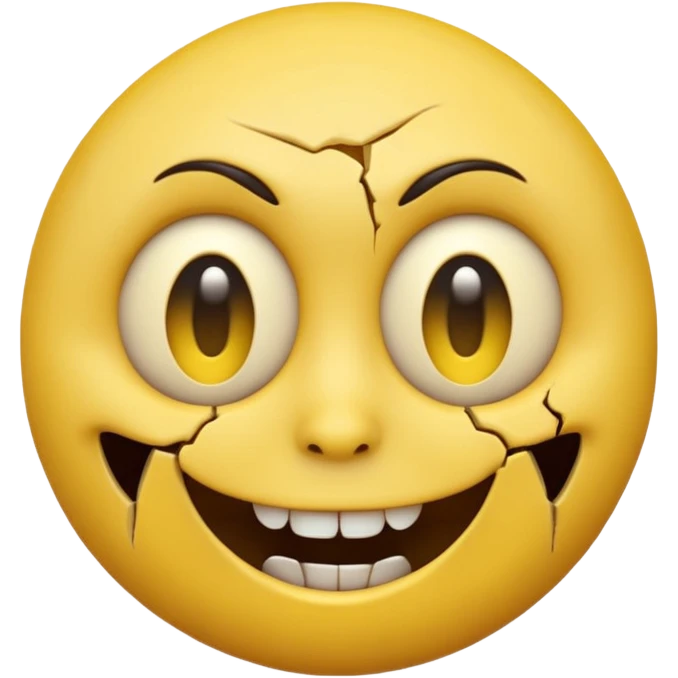 A horror-style emoji face, round yellow emoji shape, distorted facial expression, dark hollow eyes, creepy smile, cracked surface, unsettling mood, high detail, 3D render
 emoji