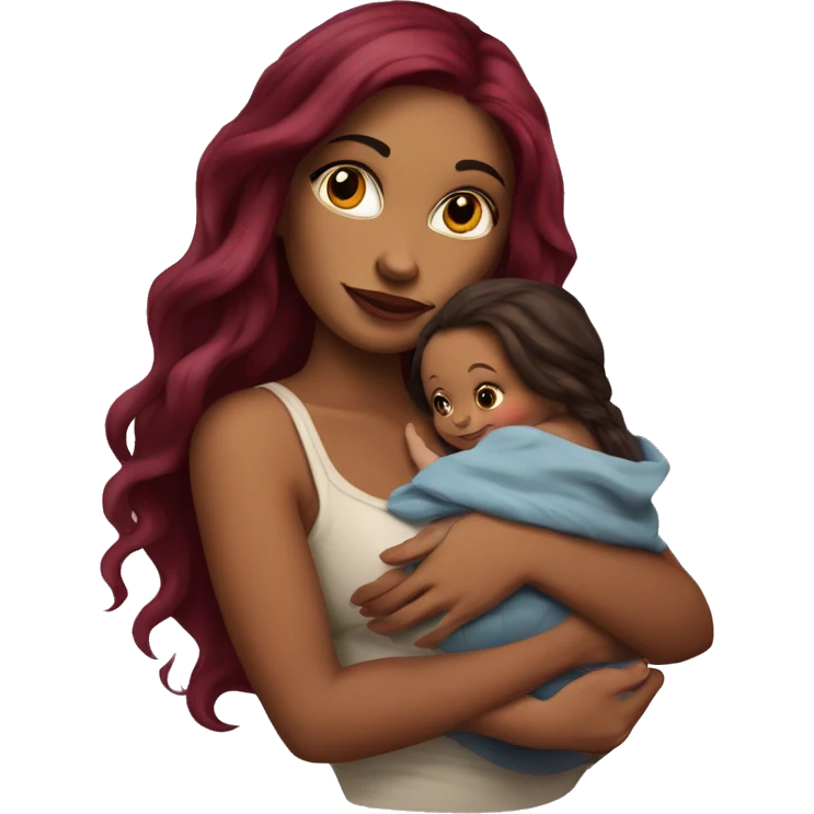 Beautiful tattooed burgundy long haired woman holding a baby emoji