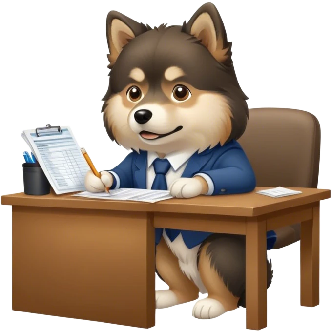 Finnish lapphund preparing taxes at a desk  emoji