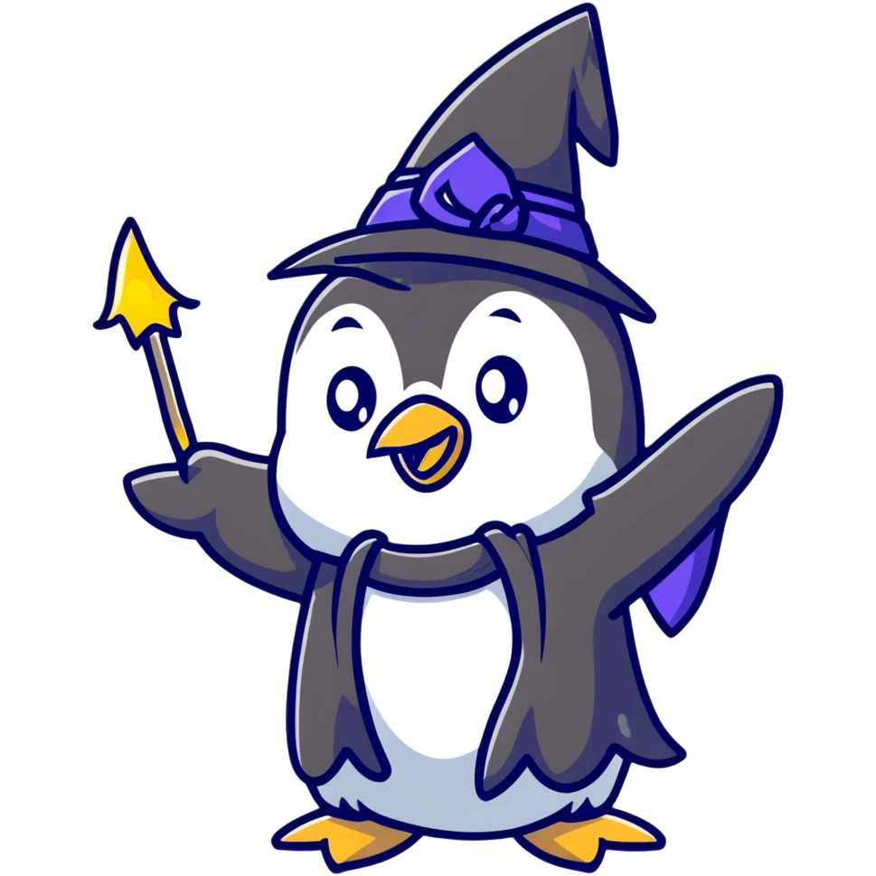 Cute penguin wizard casting spell with sparkling magic emoji