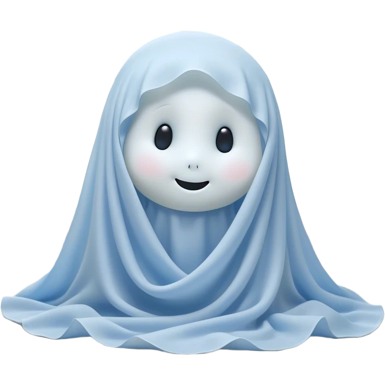 An adorable, peacefully floating sheet-like ghost in gentle pastel whites and blues, its soft, rounded form loosely draped, head resting with closed, serene sparkling eyes and a tiny, contented smile, simplified yet irresistibly charming, highly detailed, with a soft glowing outline that captures the essence of a sleepy, endearing spirit wrapped in cozy slumber! emoji