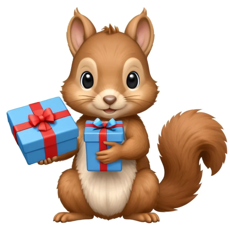 realistic squirrel holding a blue gift box in one hand and a red Swiss flag in the other, both objects clearly visible, simple white background, the gift is a different color from the flag emoji