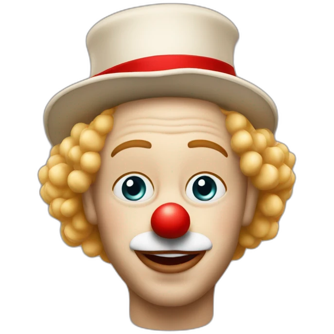un clown au nez rouge avec des cheveux blond bouclés et un haut chapeau fin  emoji