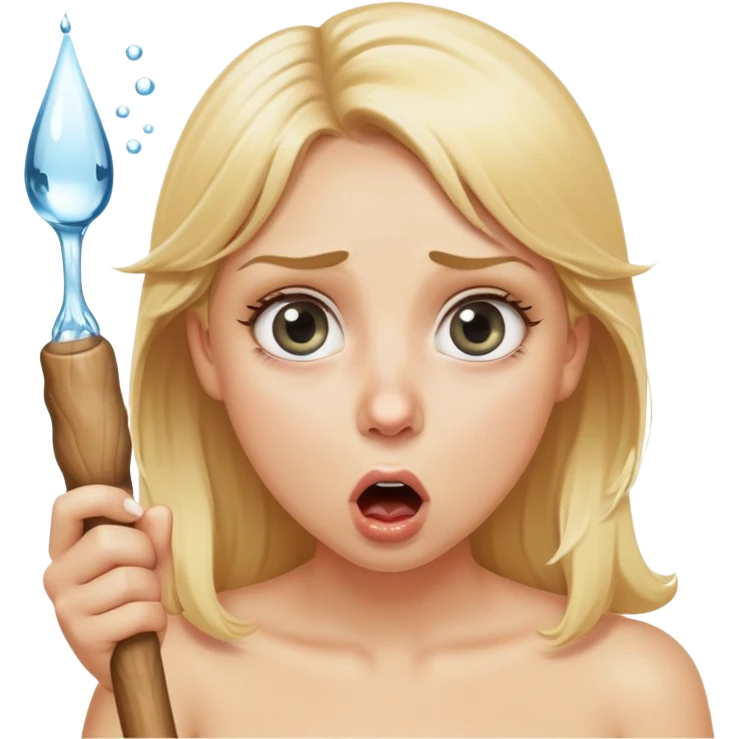 blond woman with wide eyes, holding a wide skin-colored stick with a round knob, both matching her skin tone, the knob has skin texture, water squirting from the knob into her mouth, shocked face emoji