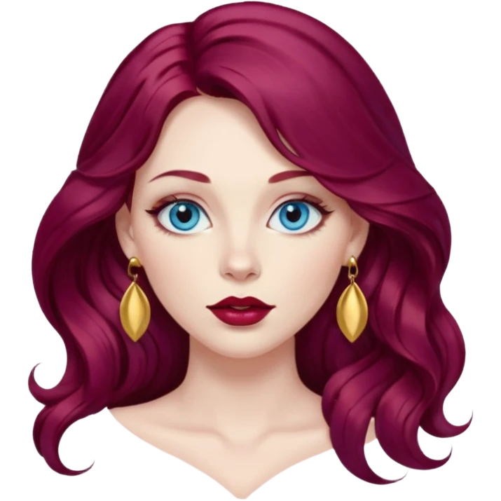 Long wavy burgundy plum color hair, pale skin, female with big Sky blue  eyes, plump red lips, with gold lip earring emoji