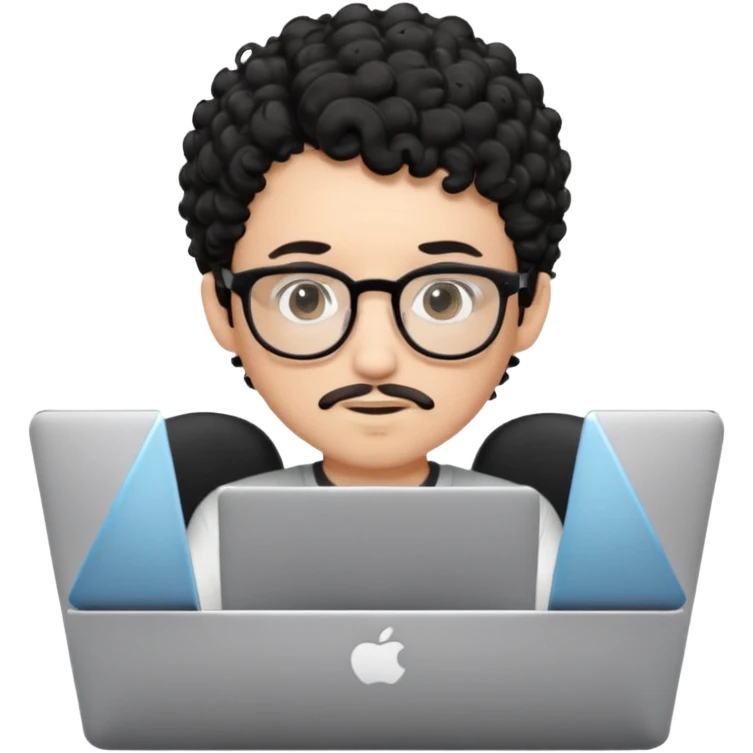 A young boy DEVELOPER WITH A laptop, black curly short hair, wearing glasses, a thin goatee, his skin is white emoji