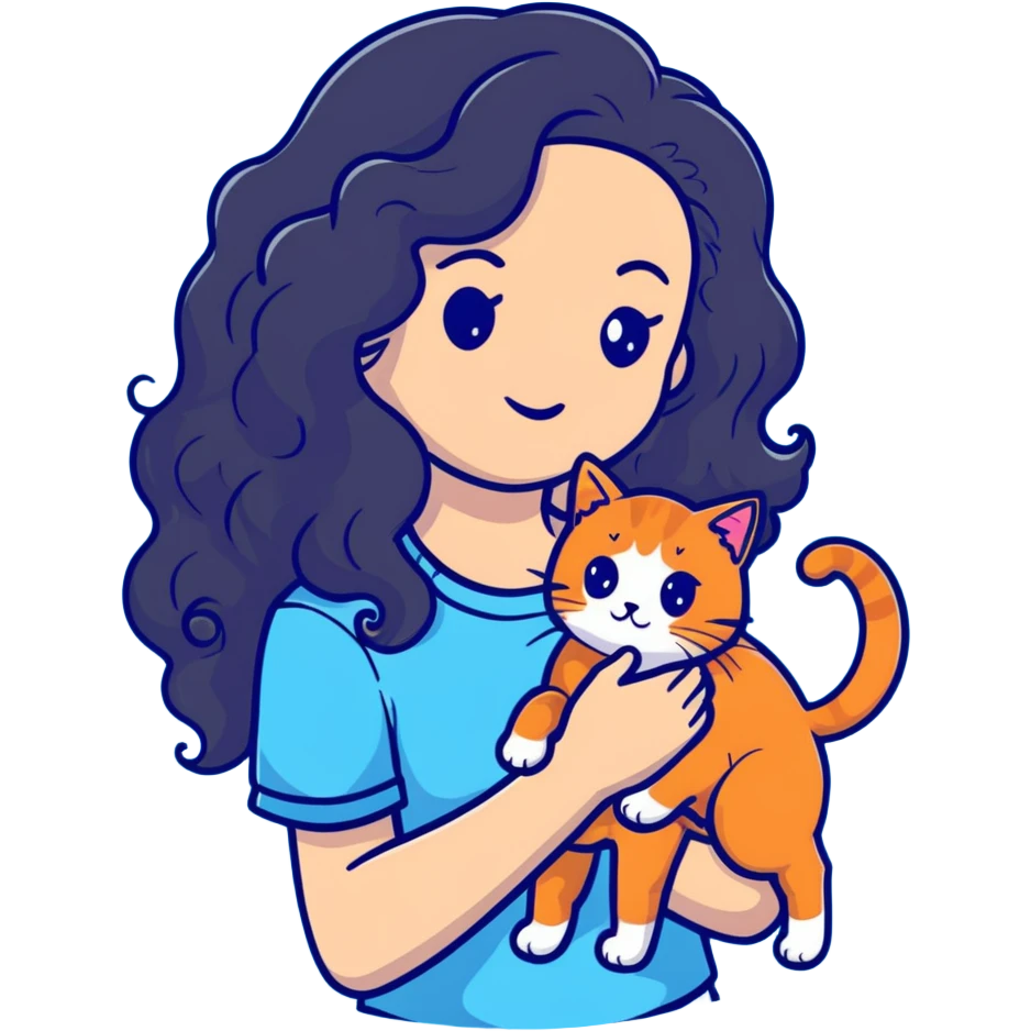 girl with long black curly hair holding a ginger cat emoji