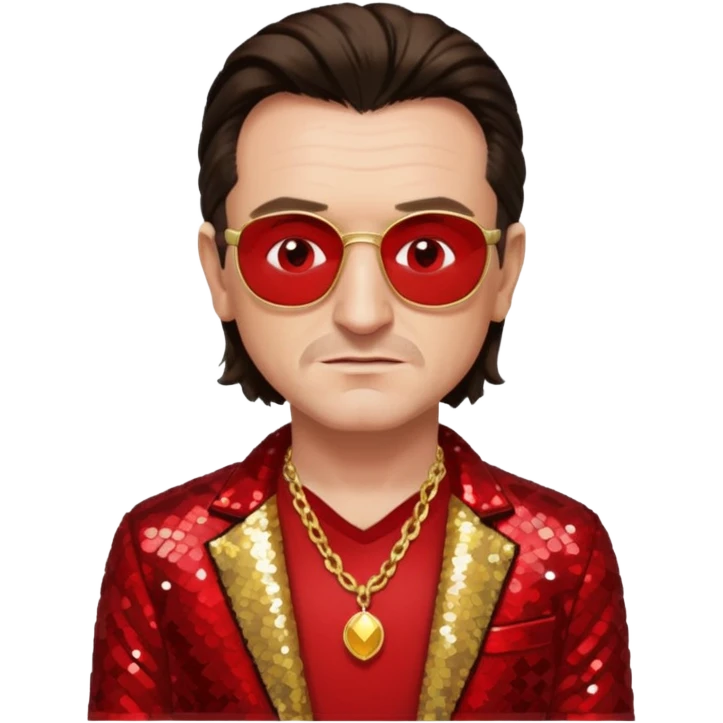 Bono with gold sequin jacket, red shirt with necklace, dark brown medium hair emoji