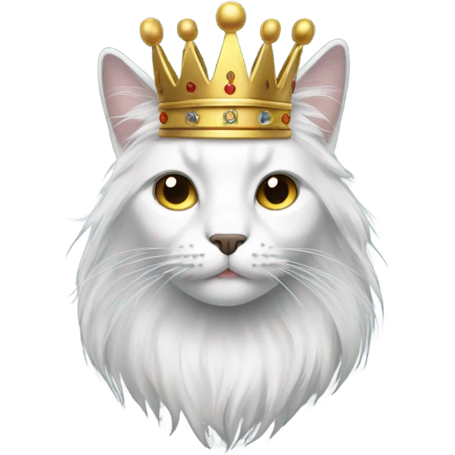 Long grey and white hair cat with crown emoji
