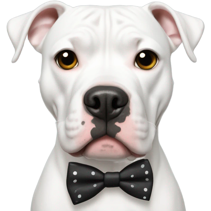 White pitbull with black spot over eye with bow tie emoji