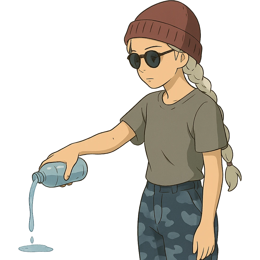 1 female, long white braid, knit cap, dark sunglasses, GRAY T-SHIRT, blue camo pants, gazing slightly down, POURING OUT A WATER BOTTLE on the ground emoji