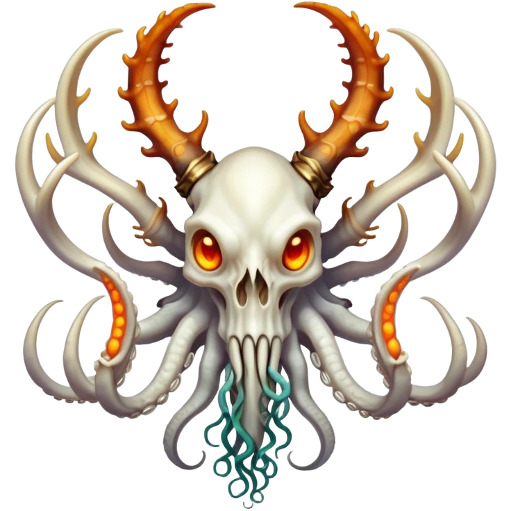 Create a haunting aquatic guardian that combines the spectral tree-skull's ghostly essence and wooden structure with the dragon-octopus's vibrant scales and dexterous tentacles, resulting in a bone-white cephalopod with branch-like appendages, glowing amber eyes, and a dragon-skull head sprouting twisted coral antlers that rules the boundary between the living ocean and the sunken realm of the dead. emoji