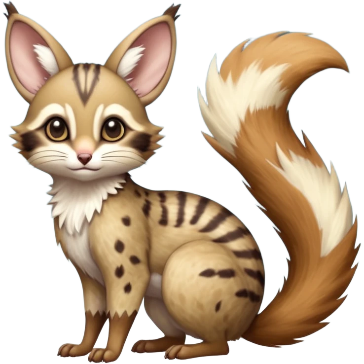 Brown-pointed, soft natural realistic romantic vintage antique divine beautiful elegant pretty precious cute young youthful  Fakémon-Pokémon-alien-opossum-squirrel-feline-serval-caracal-chinchilla-Minccino-Cinccino-Meowstic-rodent-hybrid-creature with a big fluffy bushy tail (full body) emoji