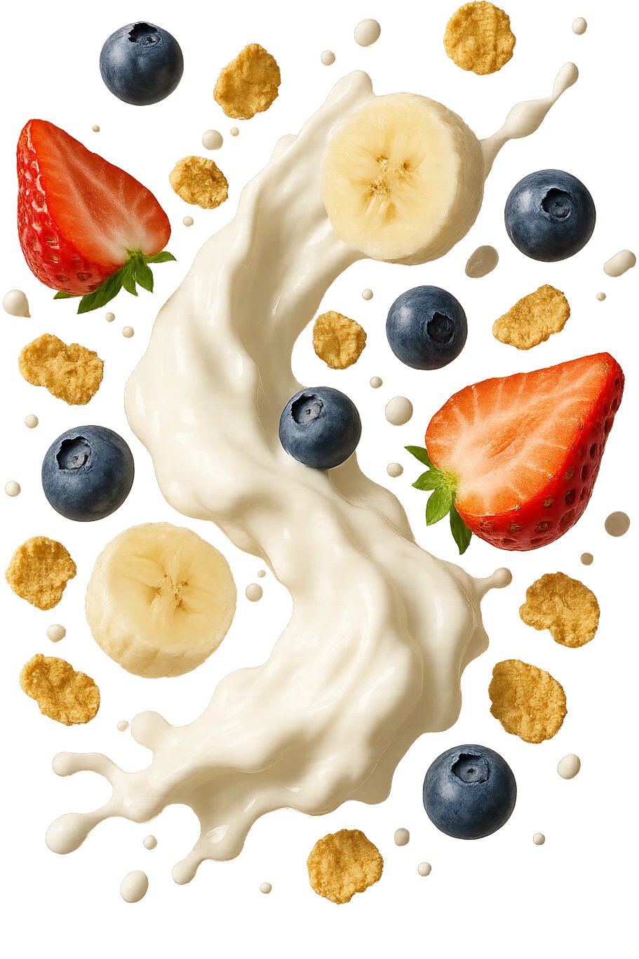 Yogurt, frutta, cereali FLUTTUANO IN ARIA, iperrealistica 4k emoji
