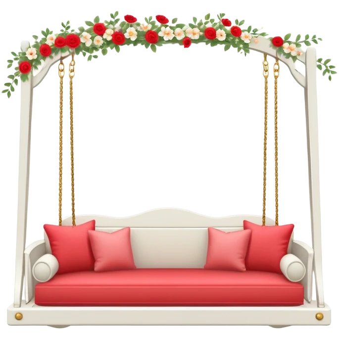 Romantic white wooden pastel-red cushions couch-swing with tiny gold flowers around emoji