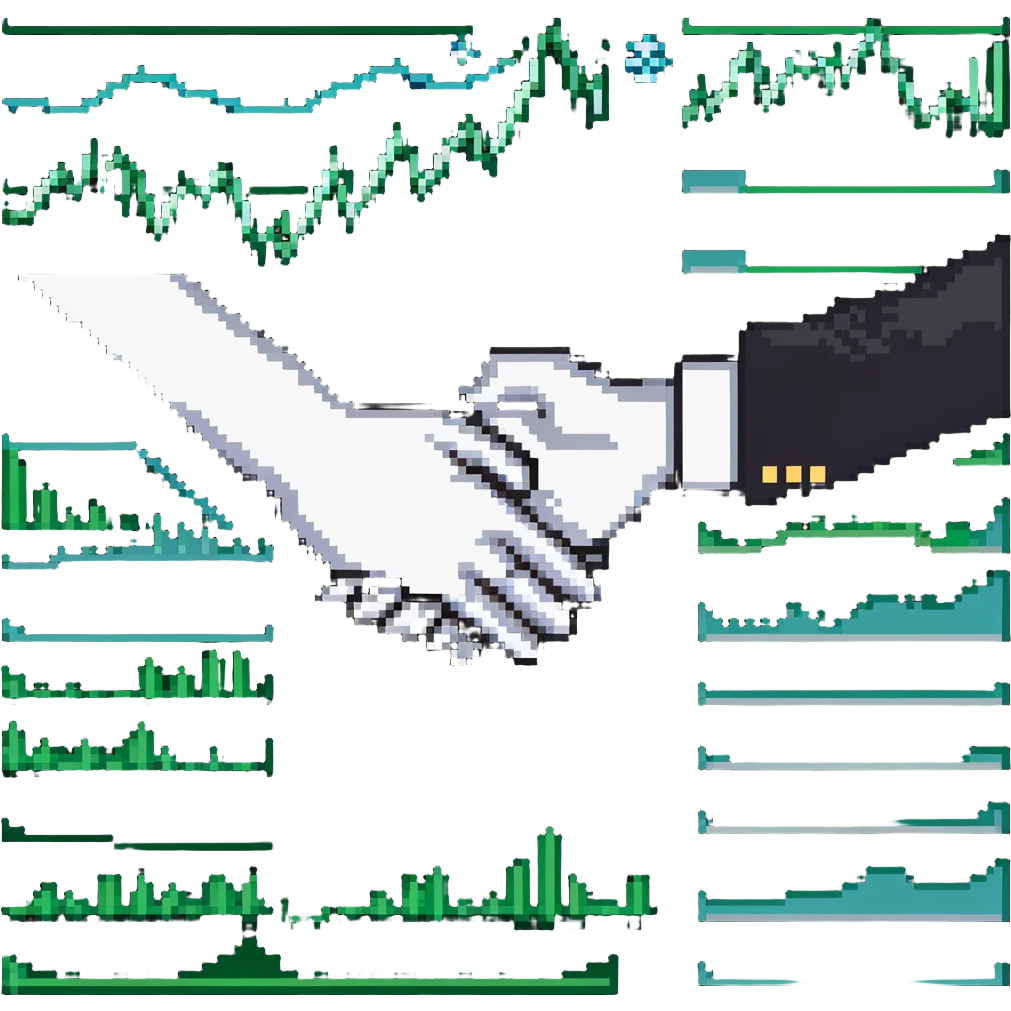 icon representing new economic politics with abstract symbols like currency, graphs, and handshake emoji