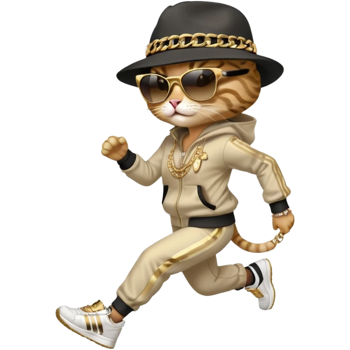 female cat running wearing Run DMC hip-hop outfit, tracksuit, fedora, Adidas shoes, dark sunglasses, lots of gold chains, bling accessories emoji