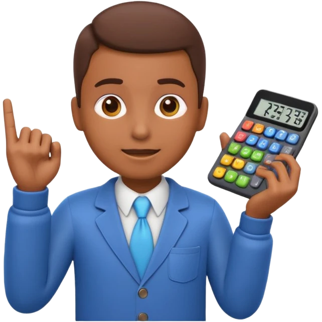3D iPhone style emoji of a person using a calculator, finger pressing colorful buttons, digital display showing numbers, isolated on white background, soft shadows, high detail, playful and cute. emoji