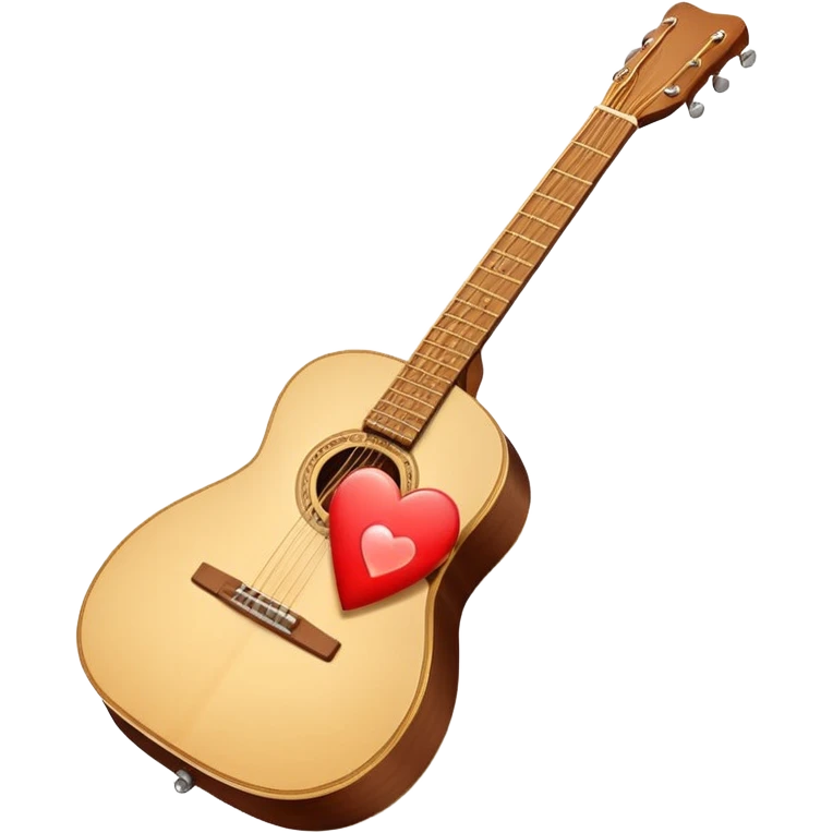 “Flat vector icon of a Cuban tres guitar in three-quarter view, warm brown, thick outline, centered on a warm cream or beige rounded-square (or circle); near the soundboard add a small red or pink heart with a soft glow and 2–3 tiny sparkles to suggest ‘soul’.  emoji
