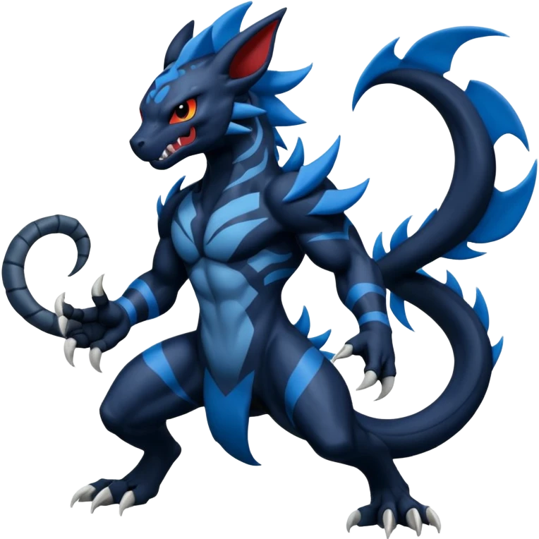 Black and Blue Venom-Stitch-WereGarurumon-Zekrom-Salandit-Sneasel-fusion, full body, tribal markings  emoji