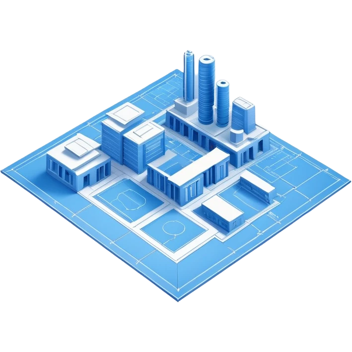 isometric view of blue blueprint plan with white lines and shaded 3D objects emoji