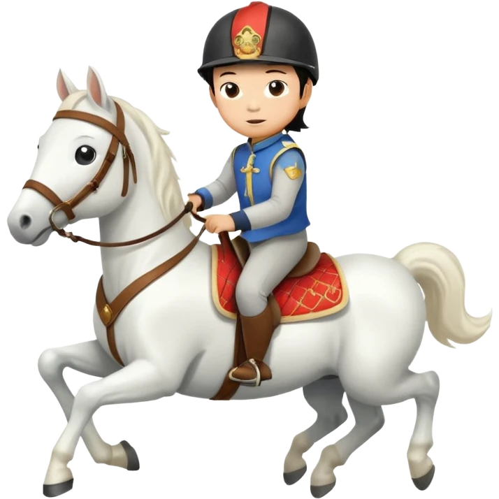 “A Chinese little boy is riding a cute white small horse, and the horse is running. The blanket on the saddle says ‘2026.’” emoji