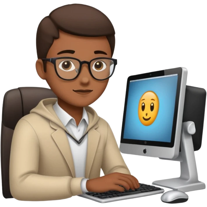 young programmer working at the computer, proud emoji