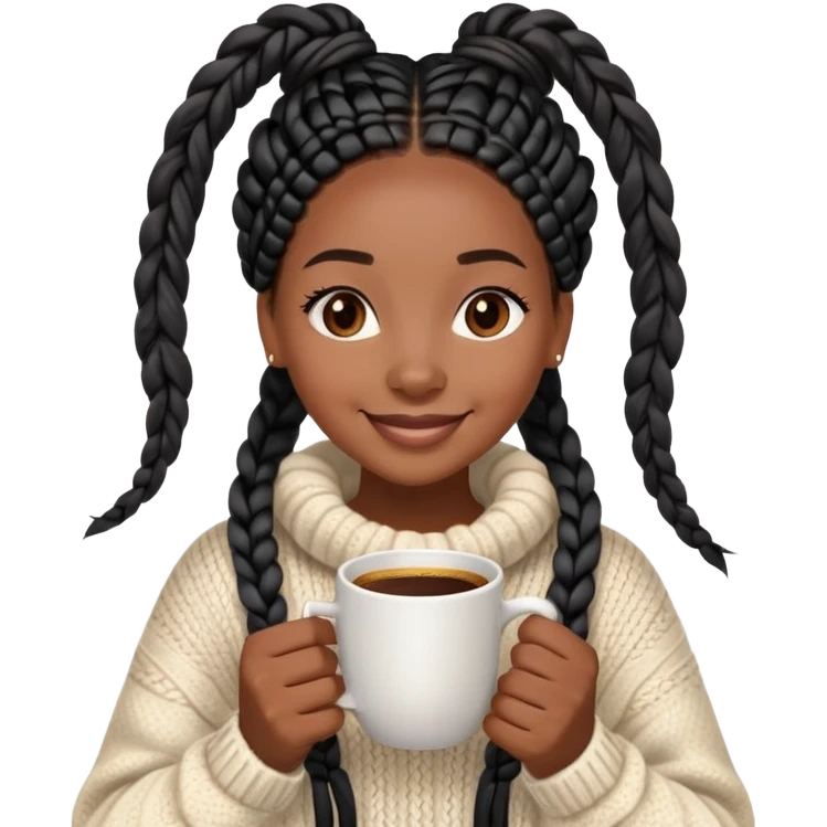 A dark-skinned Black woman with long black box braids, holding a steaming coffee cup with both hands, wearing a cozy sweater, smiling. emoji