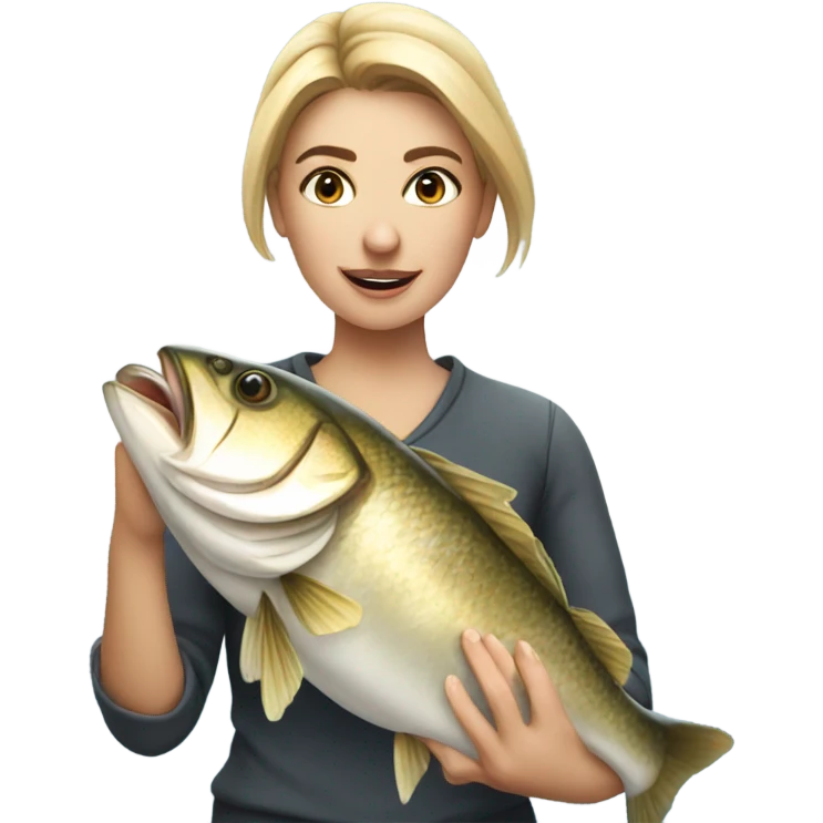 Young white woman fishing a big fish emoji