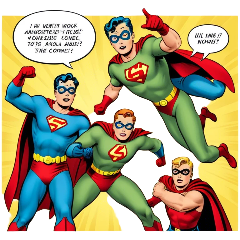 Icon for Vintage American Comics: an open comic book with classic 1940s-1950s American comic art, featuring superheroes in bold, bright colors, with action panels and exaggerated speech bubbles. The icon should represent the nostalgic style of vintage comics. Transparent background. emoji