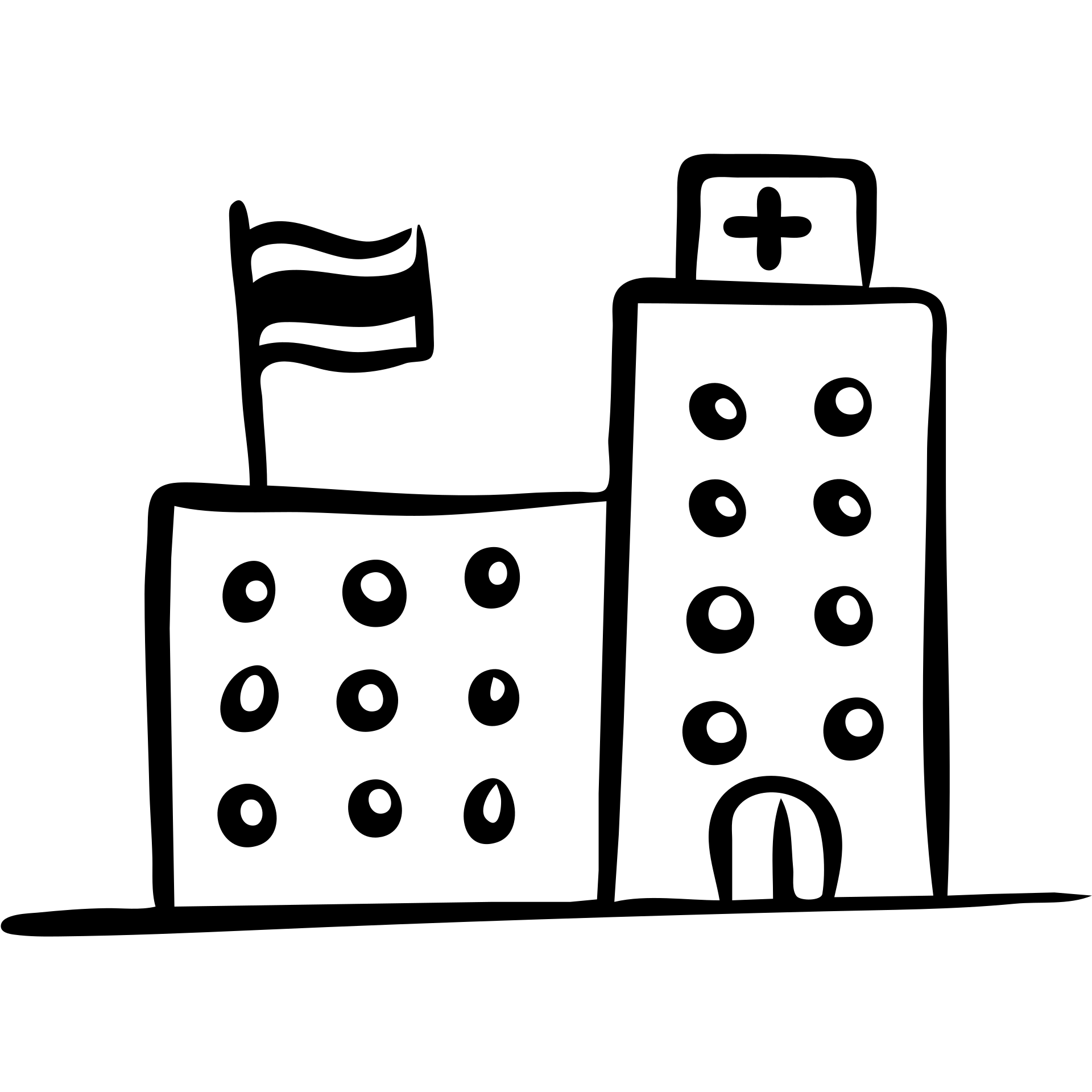 Hospital building with Thai flag on top, medical symbol, simple line drawing emoji