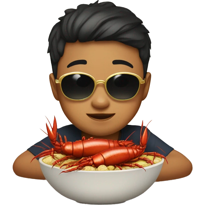Asian kid with chubby cheeks sunglasses and a gold chain in front of a bowl of crawfish emoji