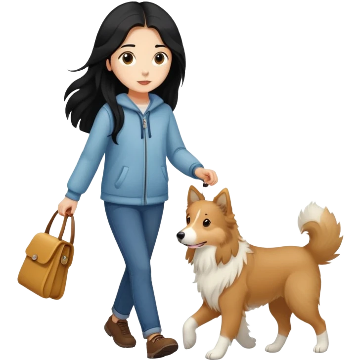 A girl with long black hair walking with a light brown collie emoji
