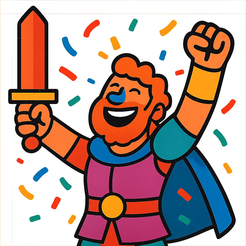 a character celebrating victory after battle, very happy, confetti and raised arms, vibrant colors emoji