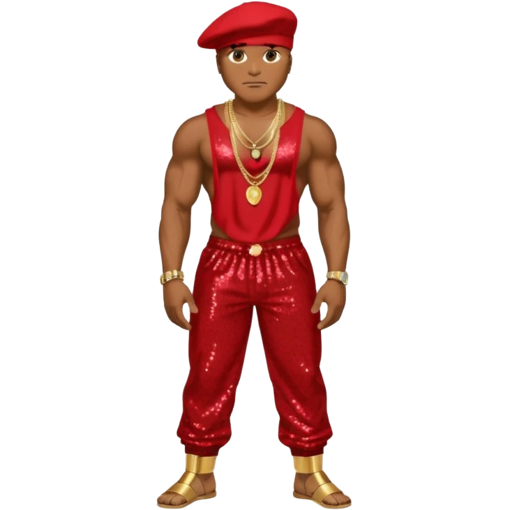 LL Cool J with red sequin baggy pants, shirtless with necklace emoji