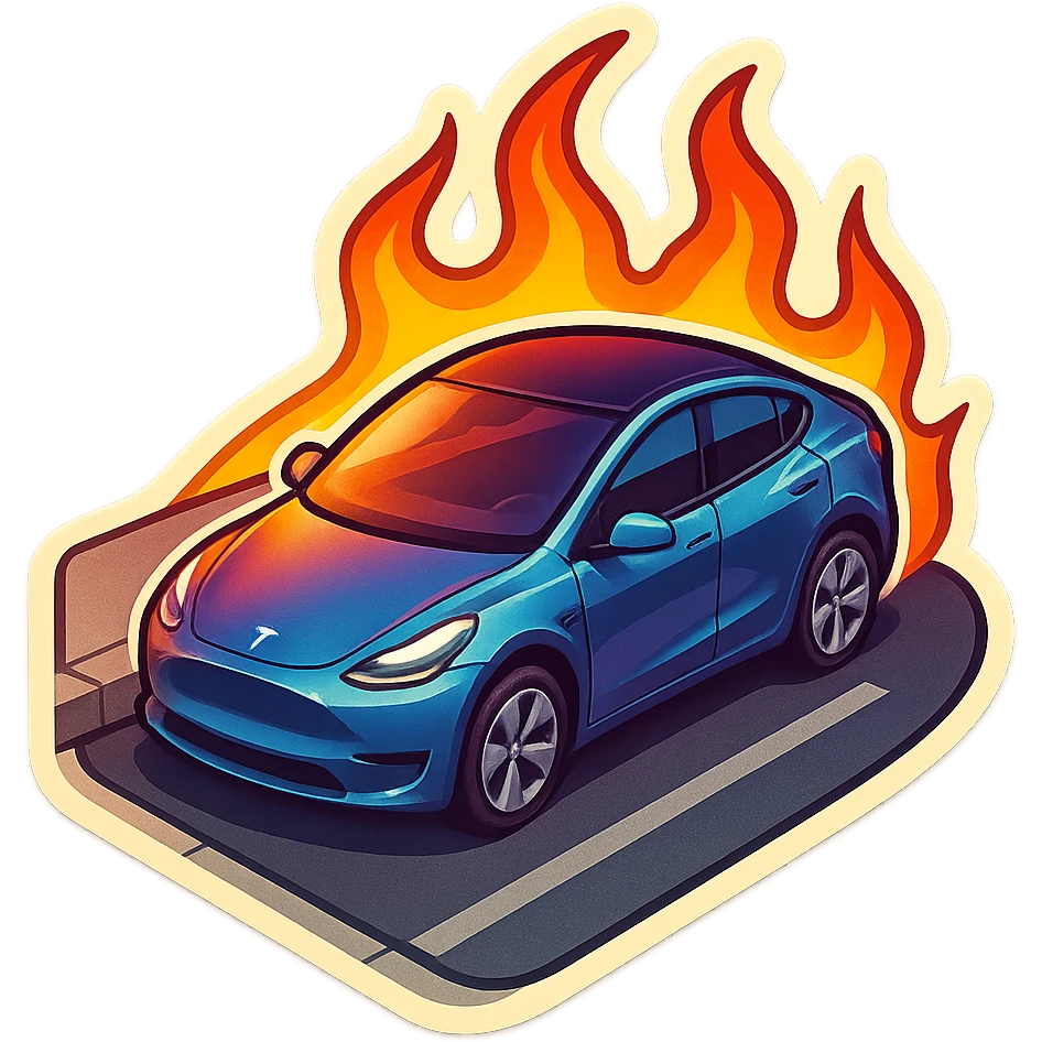 A Tesla Model Y parallel parking at a curb, from above, with fire around emoji