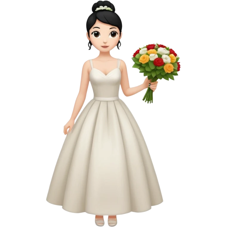 Chica blanca,cuerpo entero, vestido boda asimétrico sin vuelo tirantes , pelo negro,    ramo de flores una mano, pelo recogido en moño alto emoji