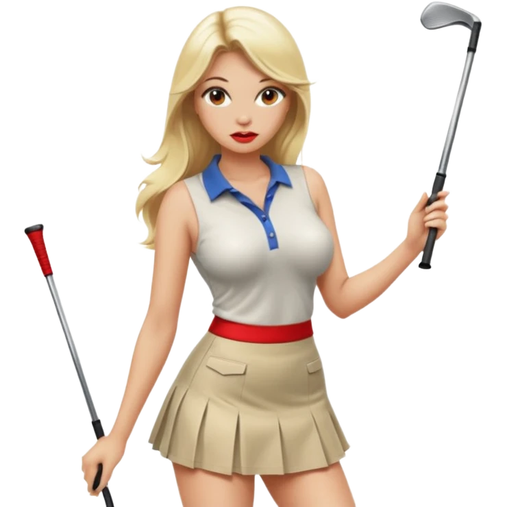 Sexy blond female. Long hair. Red lips. Big boobs. Naked boobs. Short skirt. Playing golf. Sexy pose emoji