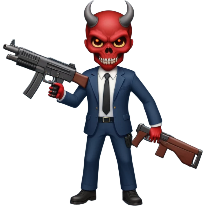 A Demon from hell that is dressed like a fbi agent with a machine gun, full body pointing the machine fun to the left. In the style of your bleeding skull artwork. emoji
