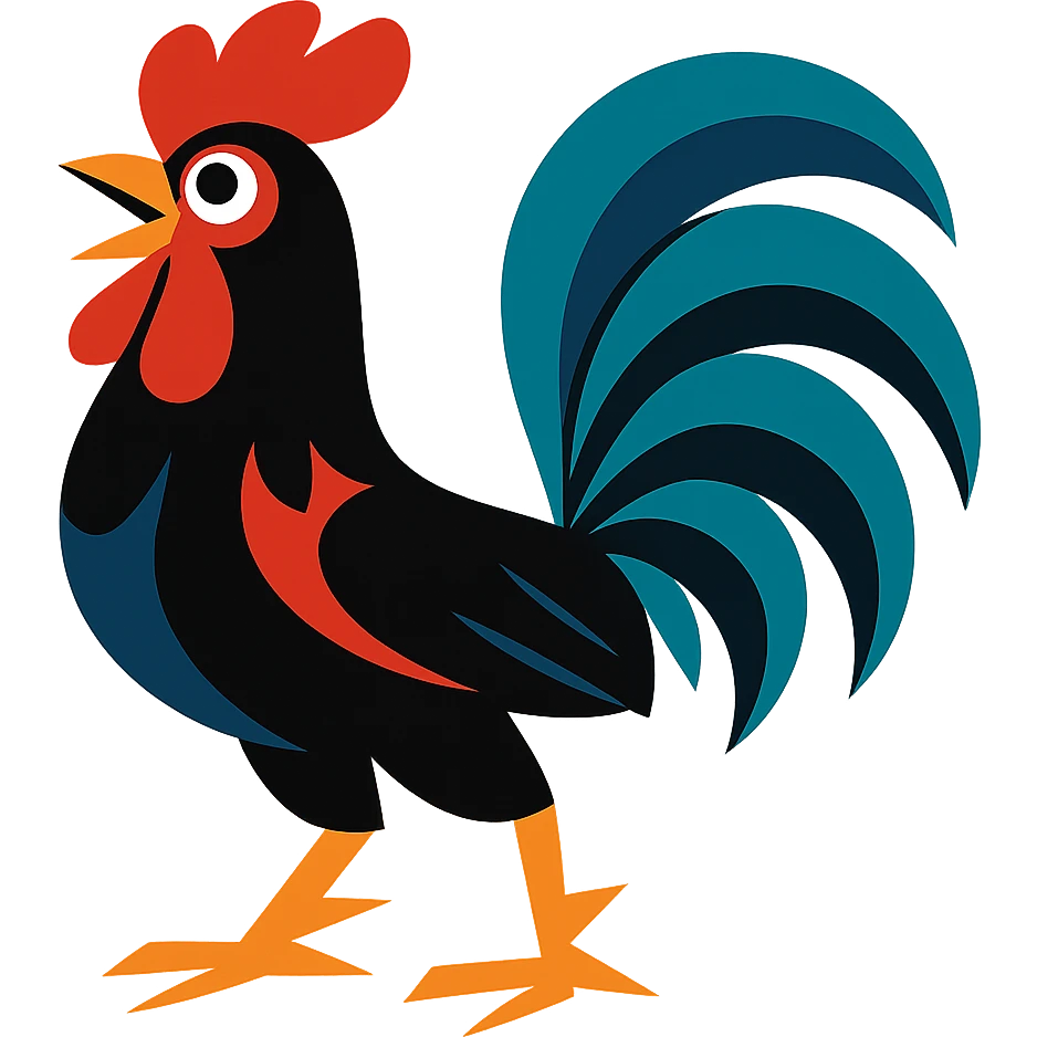 black rooster with a big tail, visually striking, bold colors, dynamic style emoji